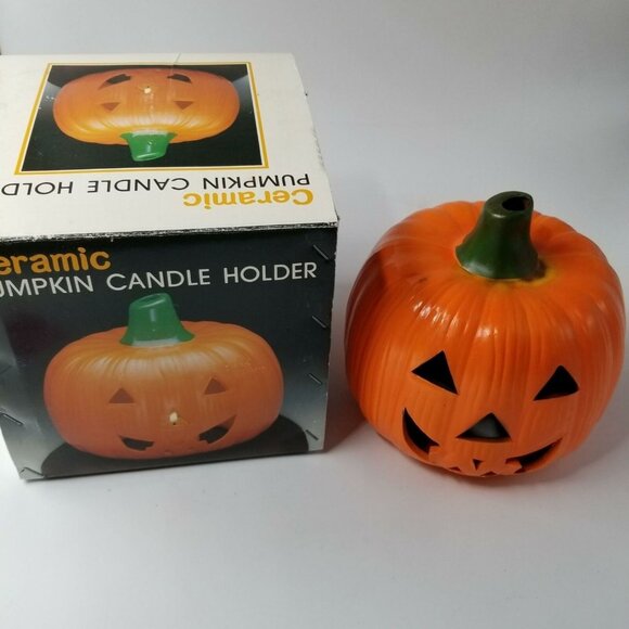 Vintage Halloween Pumpkin Ceramic Light Candle Holder 6.25" Fall Jackolantern - Picture 4 of 7